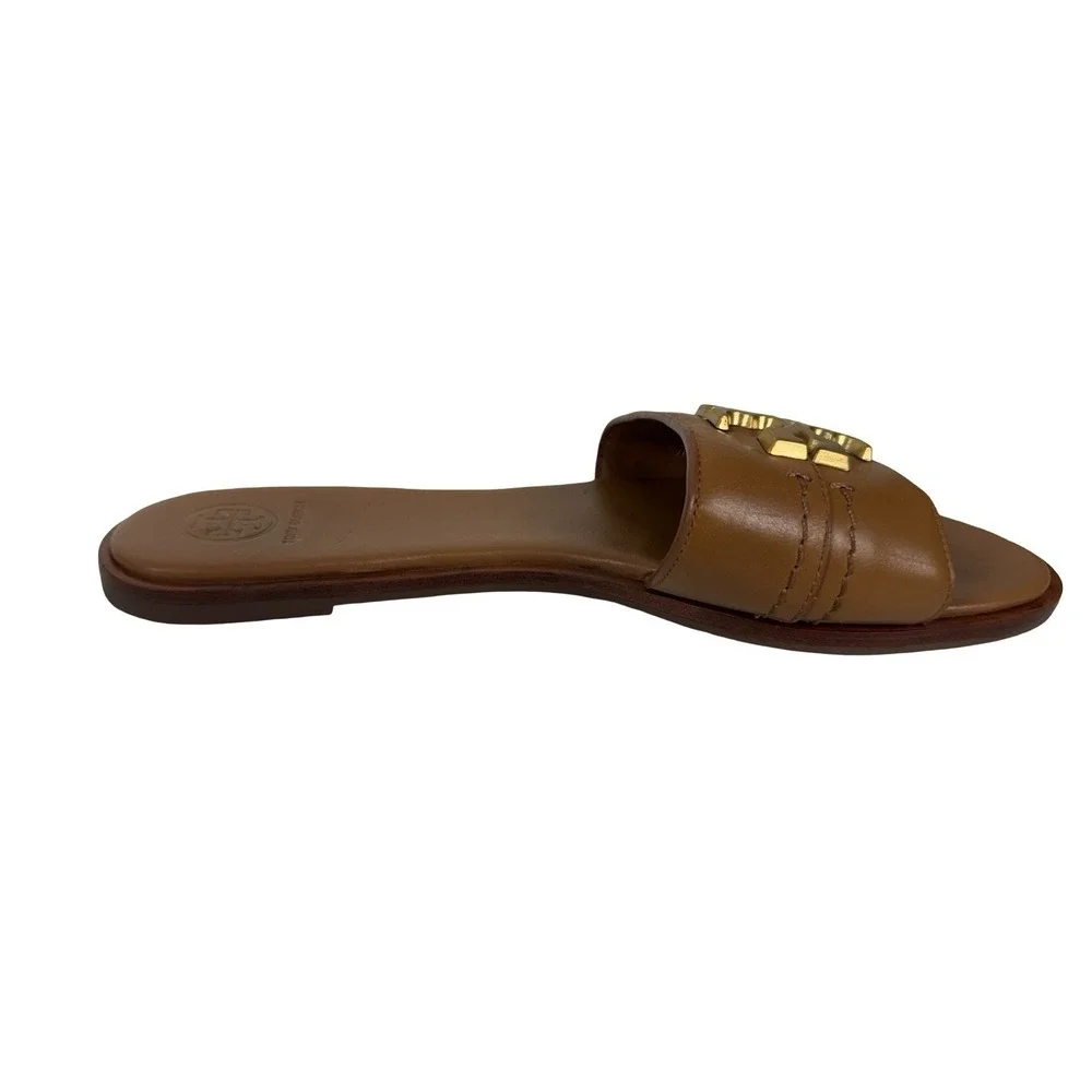 Tory Burch Everly Brown Leather Slide Sandals Gold Logo Accent Womens 8 M